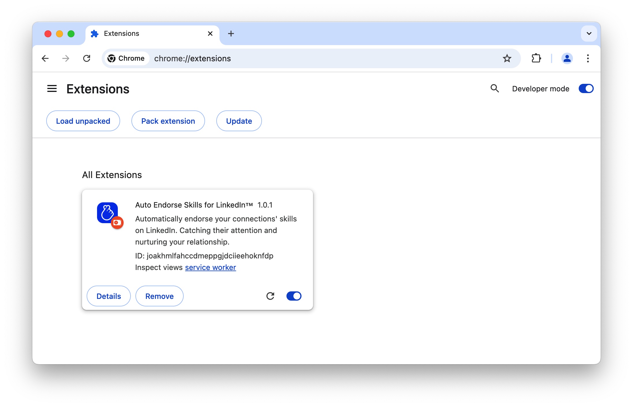 LinkedIn Auto Endorse Skills chrome extension install done