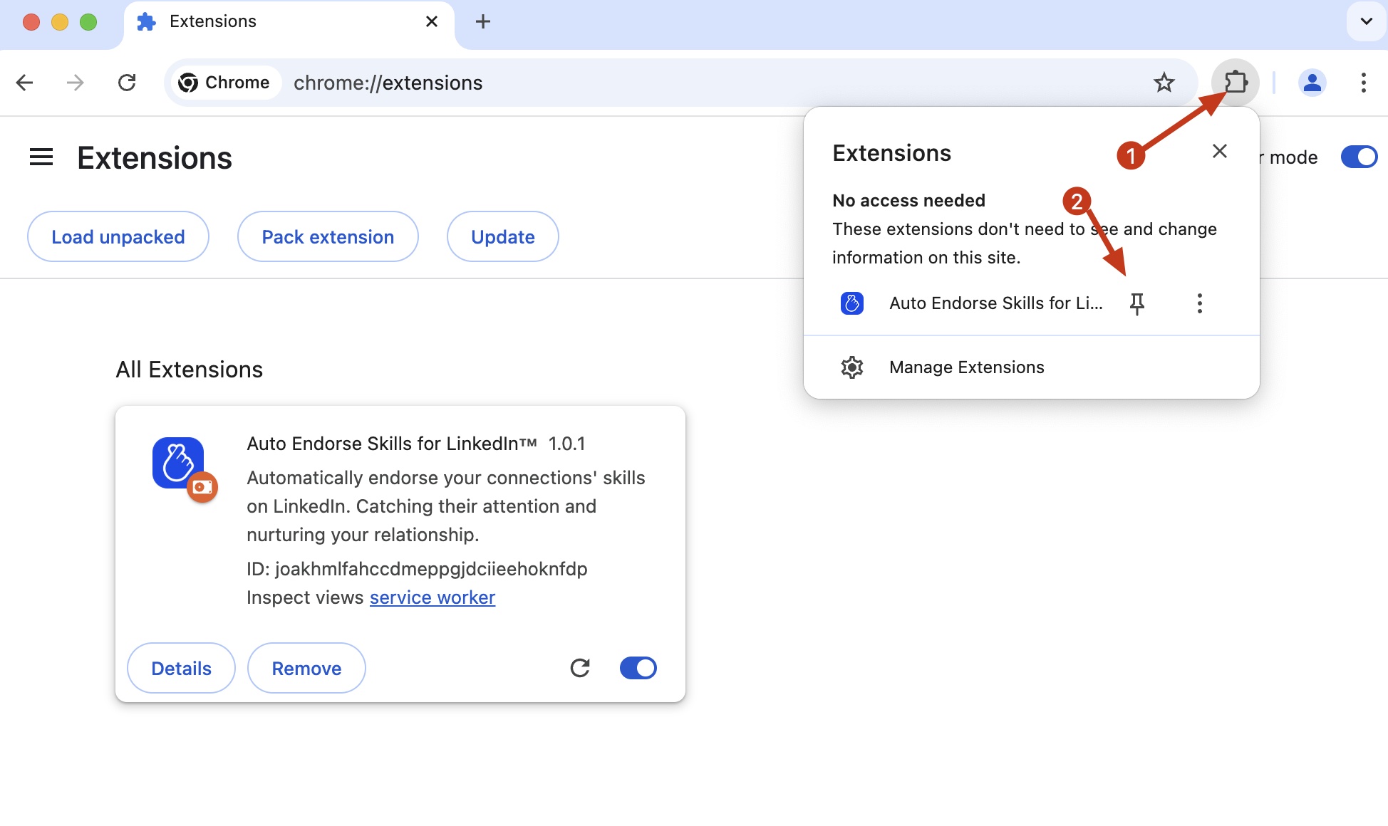 LinkedIn Auto Endorse Skills chrome extension install pin